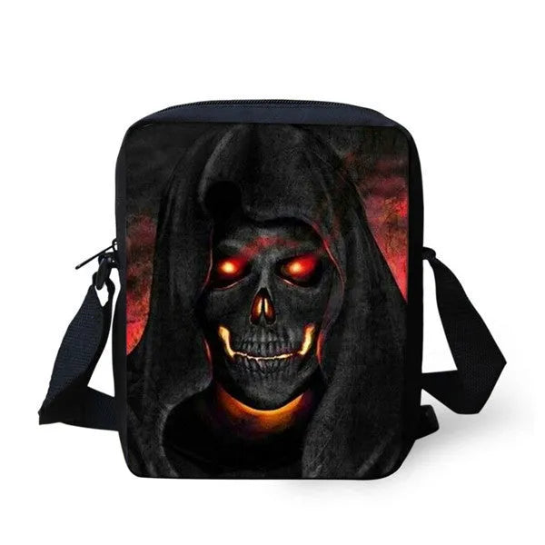 Children's medium messenger bag with skull patterns showing double straps and soft handle