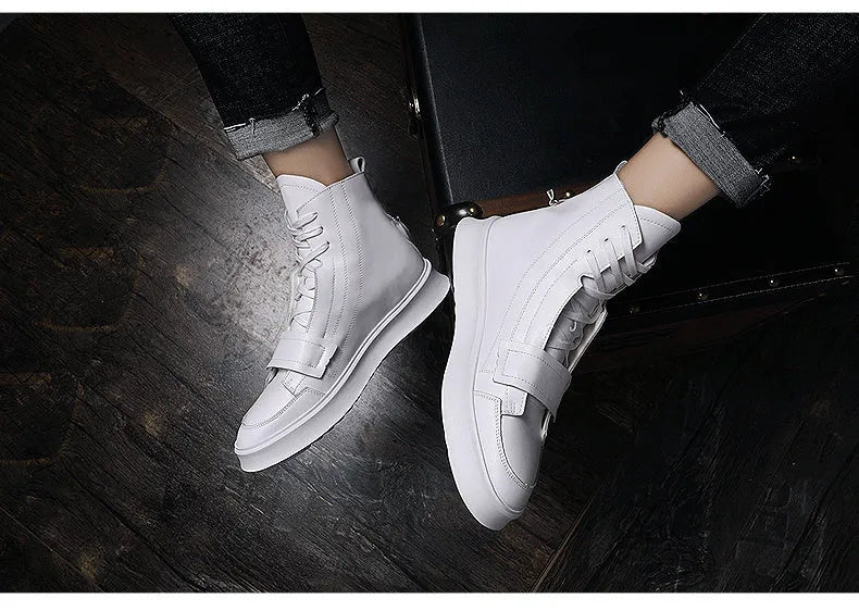 Men's black and white PU leather winter ankle boots in a high-top sneaker style.