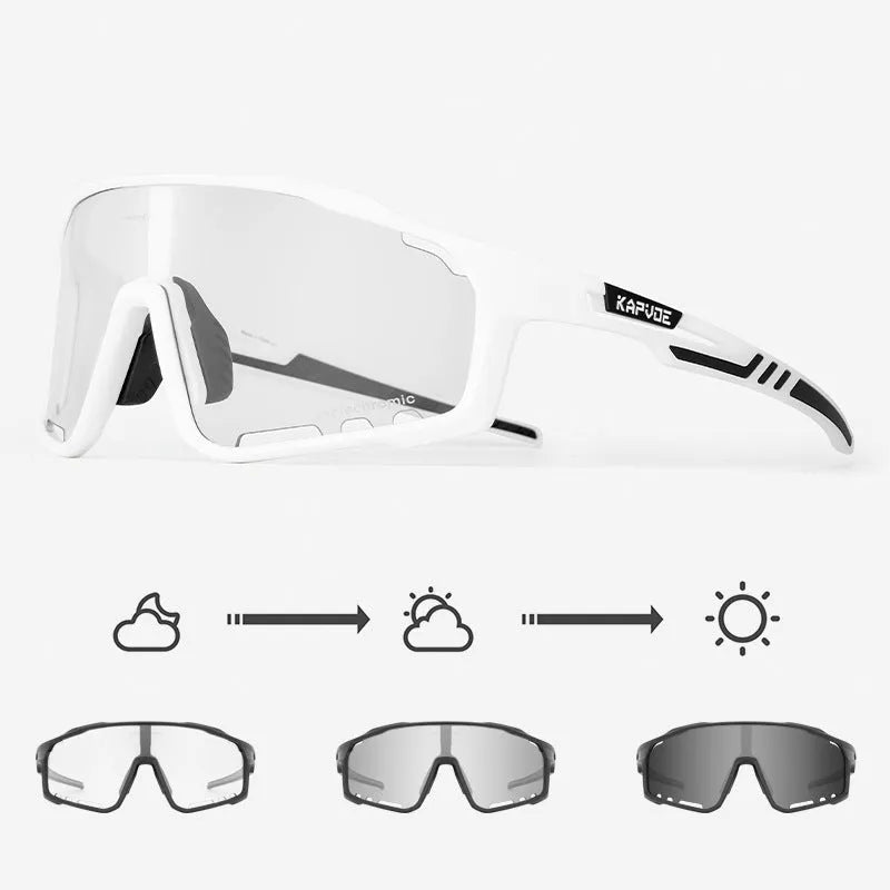 Photochromic cycling sunglasses with a semi-rimless TR90 frame on a solid colour background.