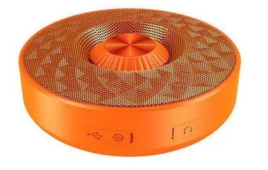 Mini portable Bluetooth speaker in black, orange, and silvery white colours with wireless connectivity