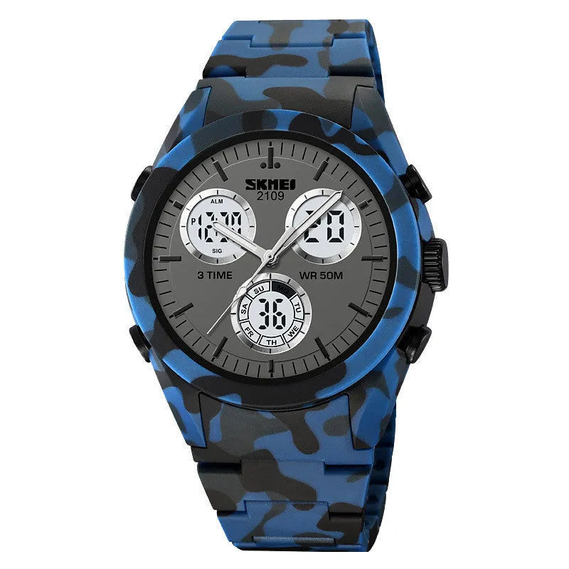 Casual digital watch with digital display, ABS resin case, TPU strap, shown in Army Green camouflage colour.