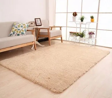 Solid colour fluffy plush rectangle carpet showing soft pile and non-slip dotted bottom.