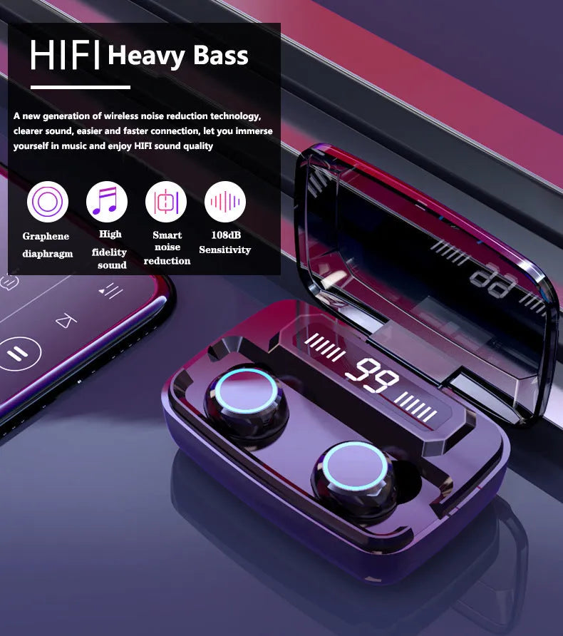 Black M11 style Bluetooth wireless headset with charging case featuring an integrated mobile phone holder.