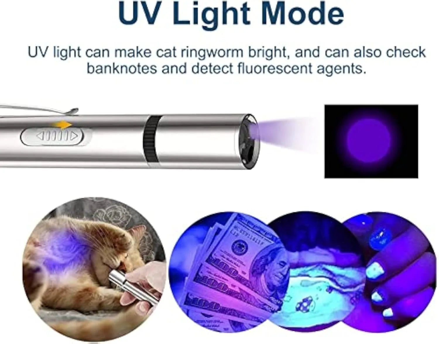 Silver aluminium cat laser pointer toy showing pattern selection gear and USB charging port