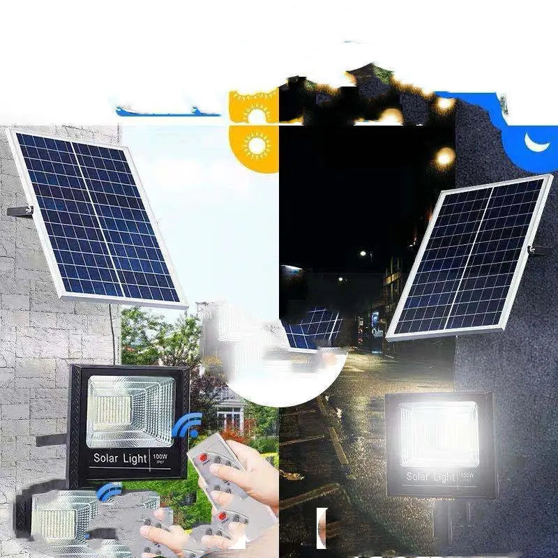 Black solar powered LED garden flood light with remote control for outdoor lighting