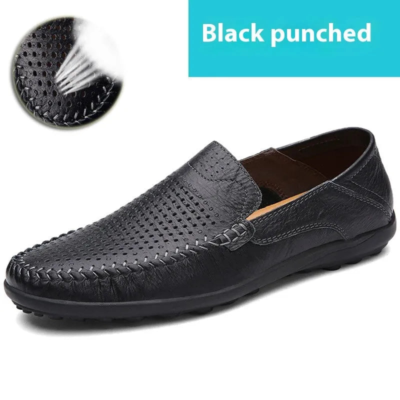 Men's round-toe casual leather shoes in cowhide with flat rubber sole, shown in black and brown colour options.