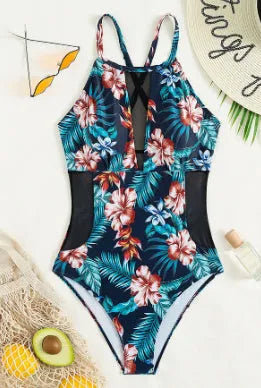 Women's deep V neckline one-piece swimsuit in polyester with solid colour gradient print