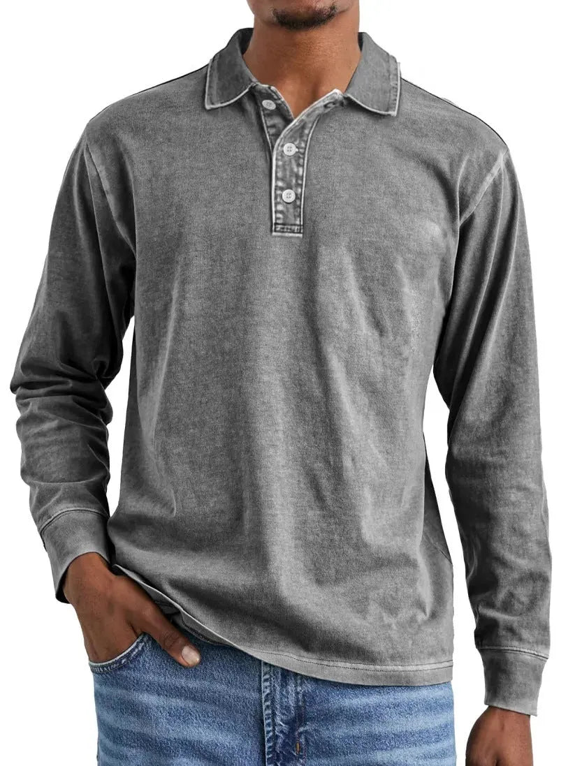 Retro washed distressed pure cotton lapel long sleeve polo shirt shown in Army Green.