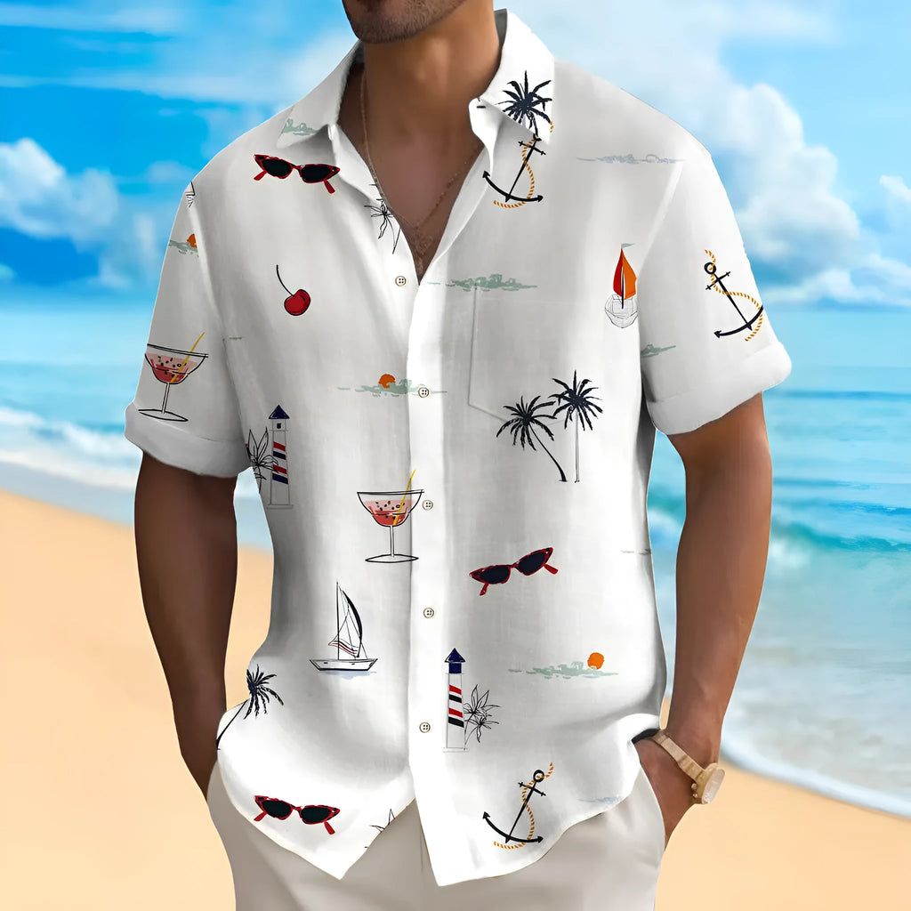 Man wearing a loose-fit digital print Hawaiian shirt with short sleeves, showcasing one of the multi-coloured pattern options.