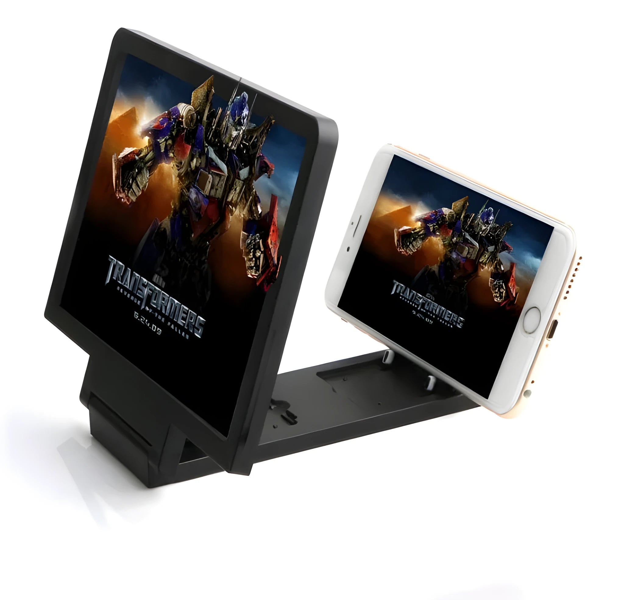 Black and white 3D mobile phone screen amplifier with integrated foldable stand