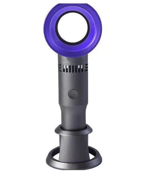 A portable bladeless desk fan with a modern design, shown on its base with a USB cable, available in multiple colours.