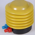 Blue and red valve manual pedal pump for swim ring inflation measuring 4 inches in diameter