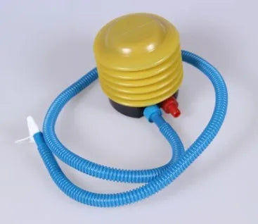 Blue and red valve manual pedal pump for swim ring inflation measuring 4 inches in diameter