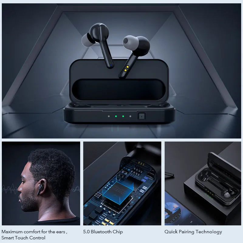 Black and white True Wireless Stereo Bluetooth 5.0 earbuds with IPX5 waterproof rating.