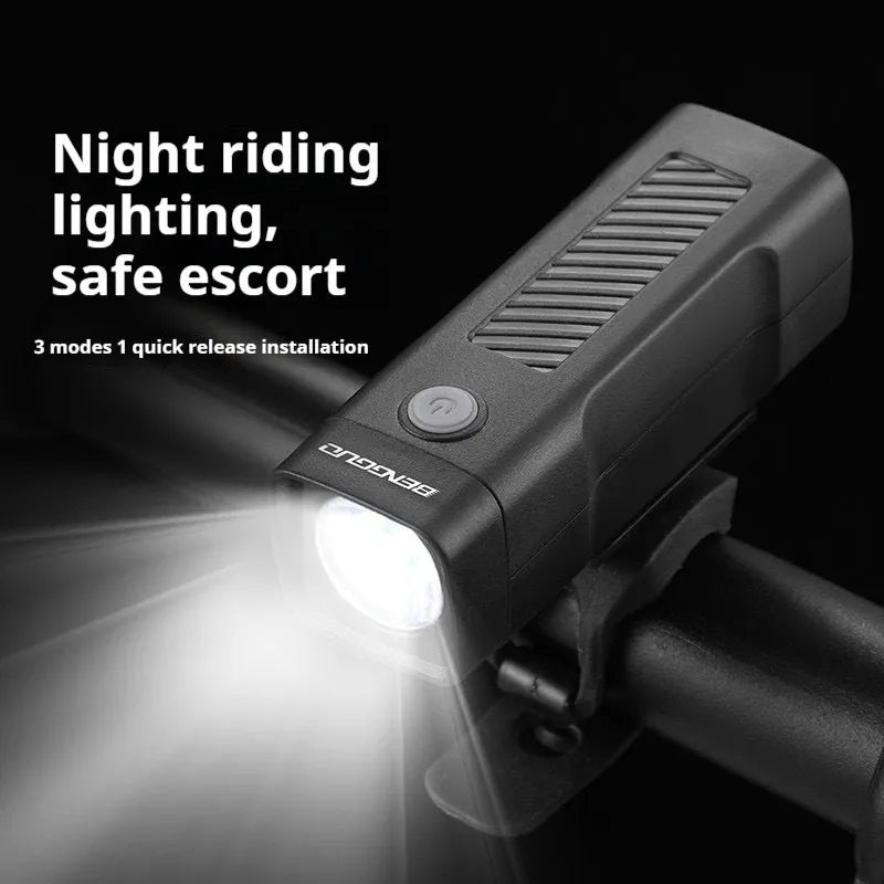 Bicycle headlight with LED light and USB charging port mounted on handlebars