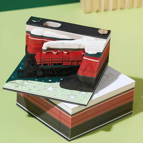 3D sticky notes with Qingshui Temple paper carving design and Christmas train cover