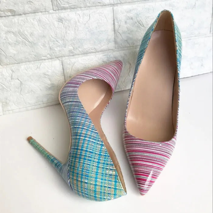 Pink and blue gradient patent leather ladies stiletto heels with pointed toe and thin high heel.