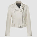 Women's black PU leather motorcycle jacket with lapel collar and short belt detail