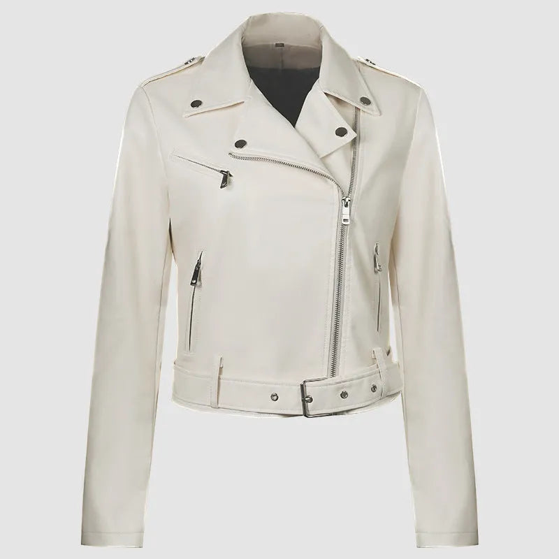 Women's black PU leather motorcycle jacket with lapel collar and short belt detail