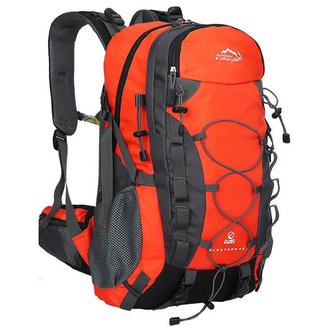 Polyester outdoor backpack in green colour showing dimensions and storage capacity