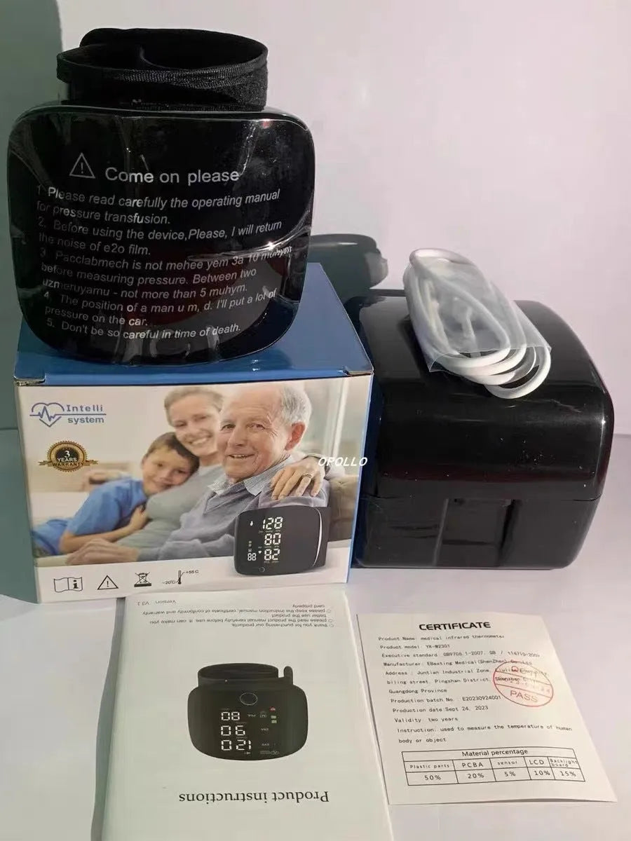 Black wrist sphygmomanometer with digital display and voice prompt buttons for home blood pressure monitoring
