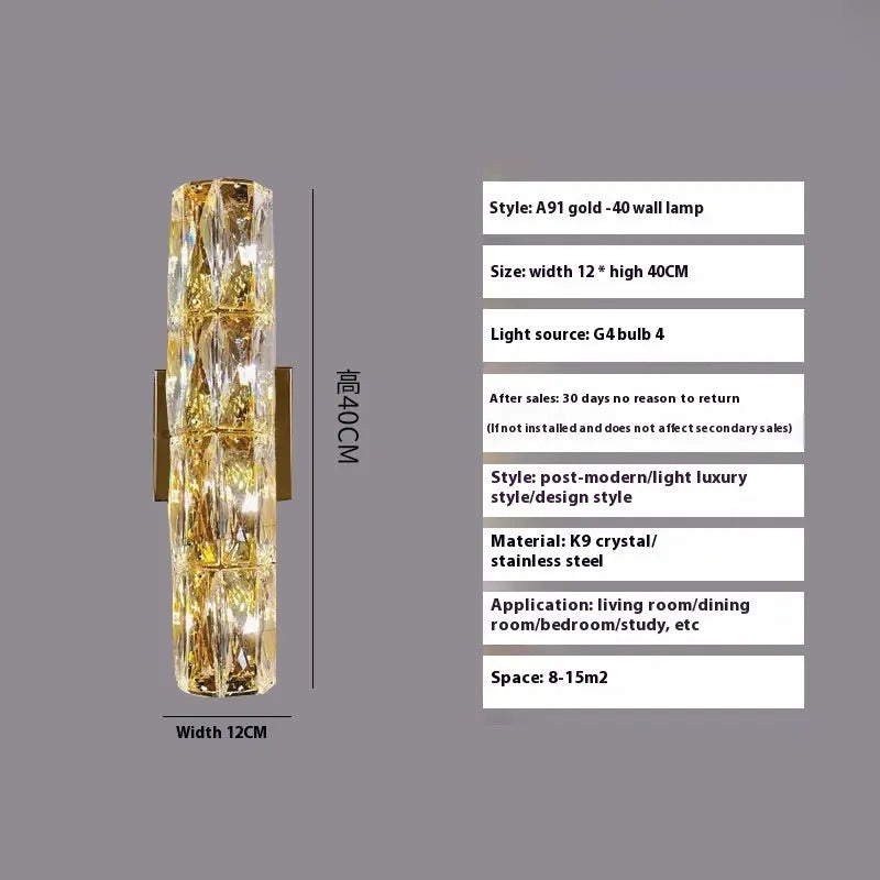 Crystal wall lamp with stainless steel frame in chrome or gold finish