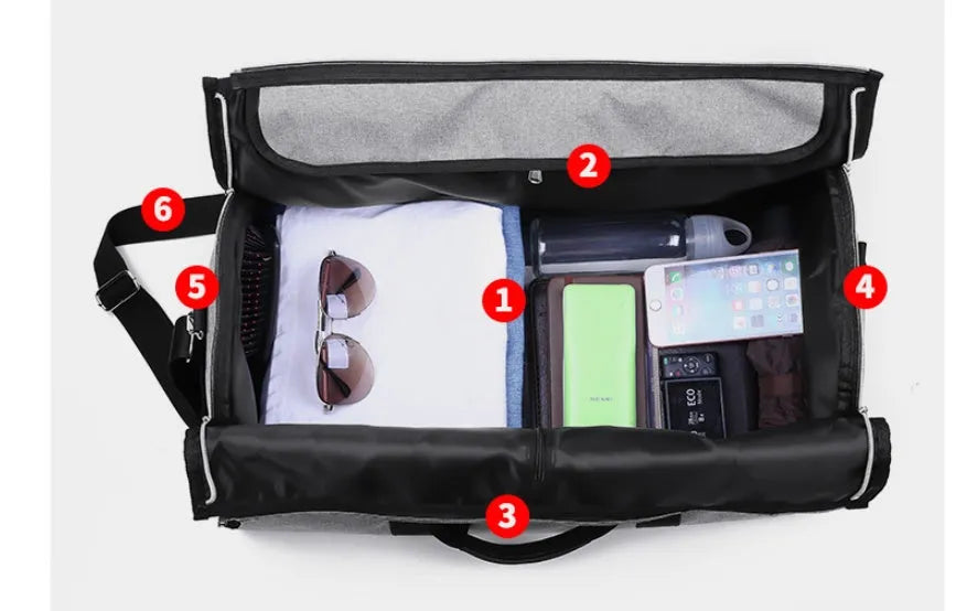 Cylinder-shaped medium travel bag in Oxford cloth, shown in black, blue, light grey, or red colour options.