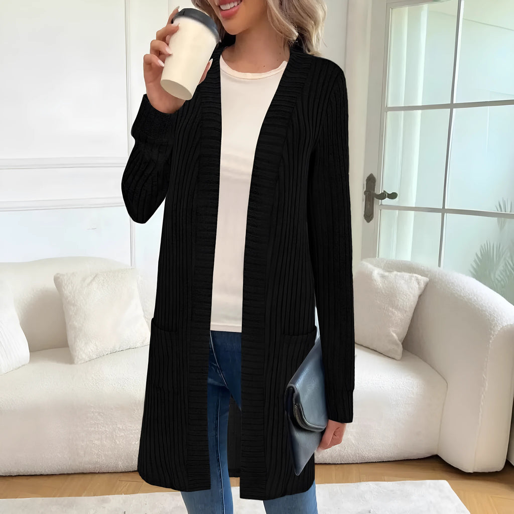 Long sleeve loose fit knitted cardigan jacket in black, grey, or wine red with pockets.