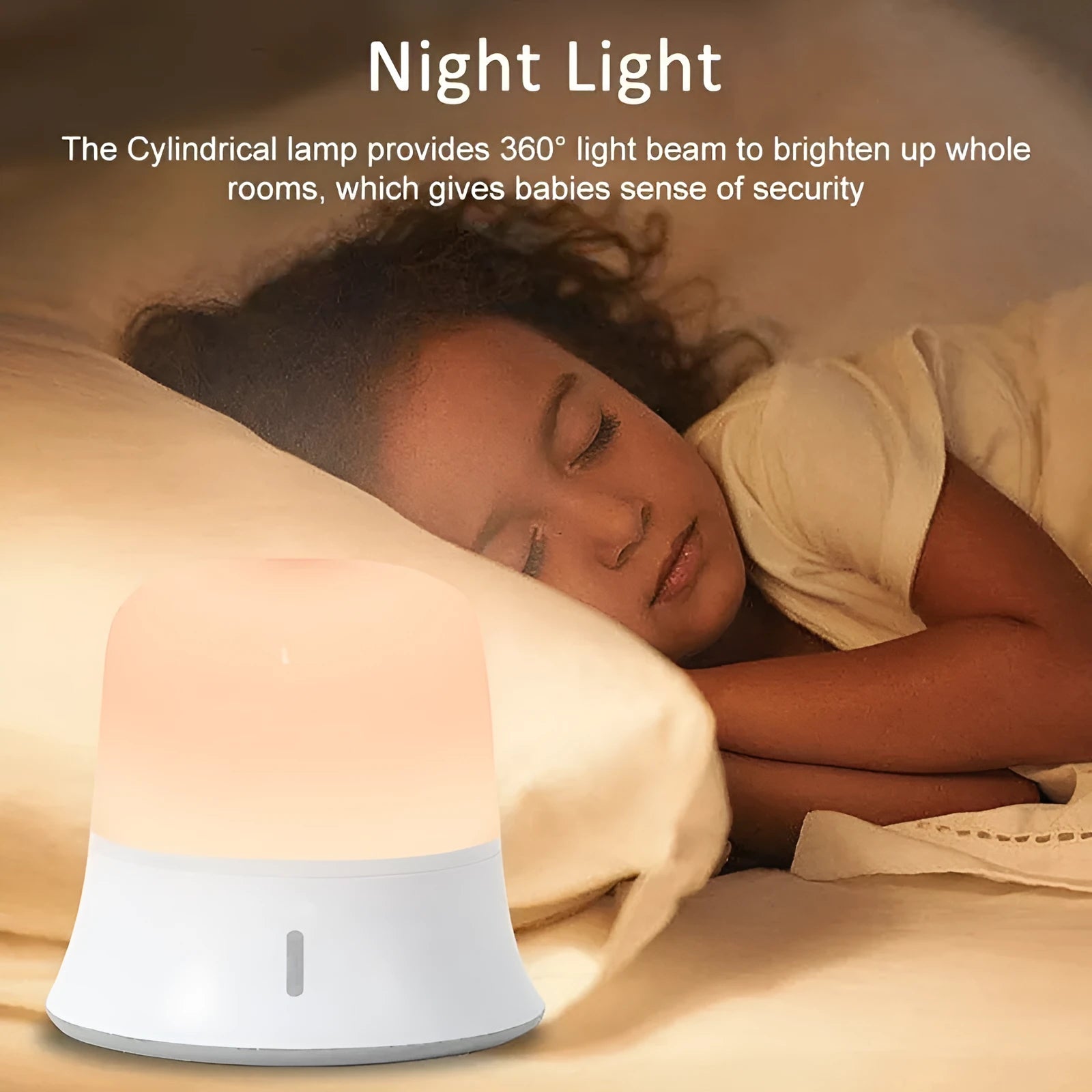 White bedside night light with touch controls, motion sensor, and compact 93mm x 110mm design