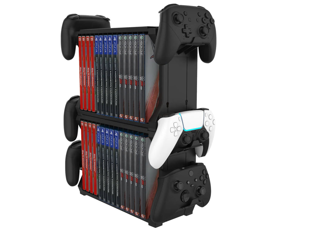 Black ABS plastic stand holding game discs and four controllers for PS5 and Xbox