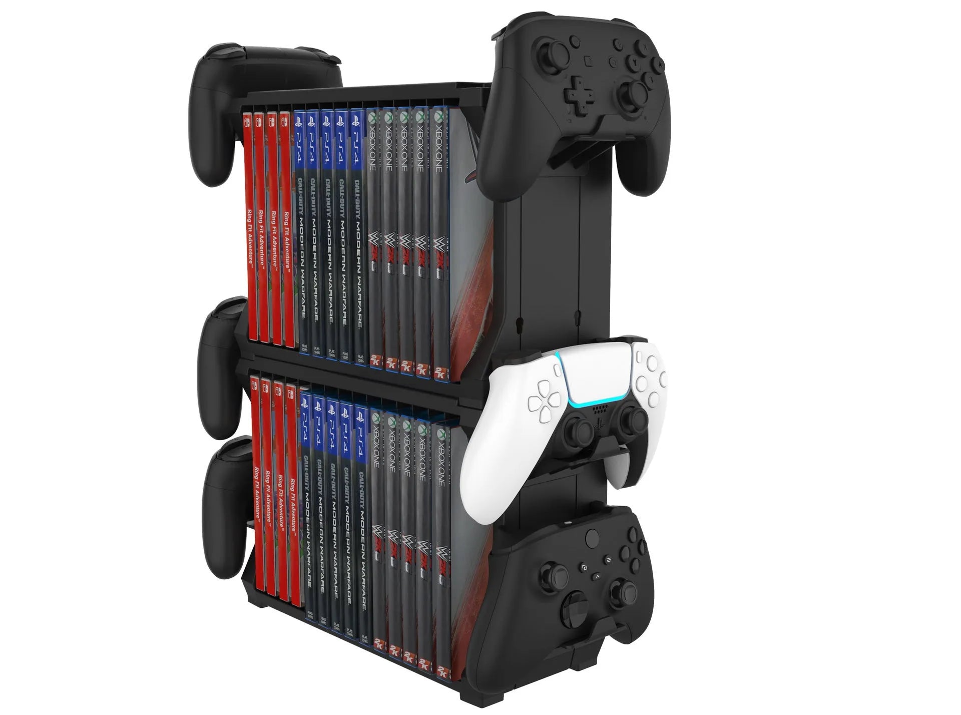 Black ABS plastic stand holding game discs and four controllers for PS5 and Xbox