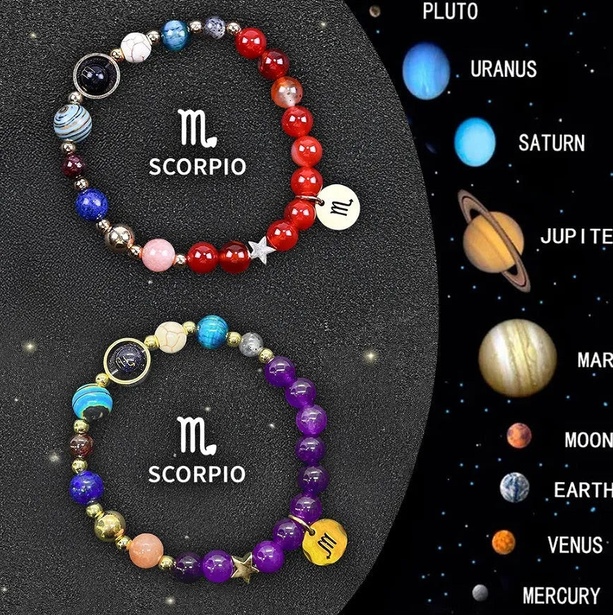 Natural stone beaded bracelets showing zodiac sign designs for all twelve star symbols