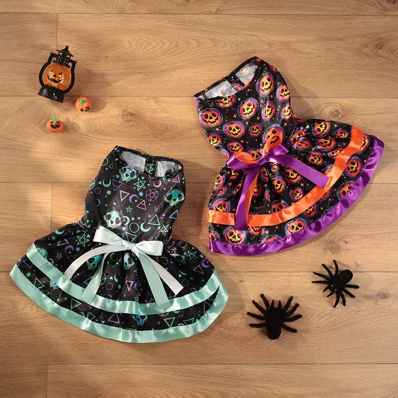Halloween dog skirt with colourful pumpkin or skull print on white background