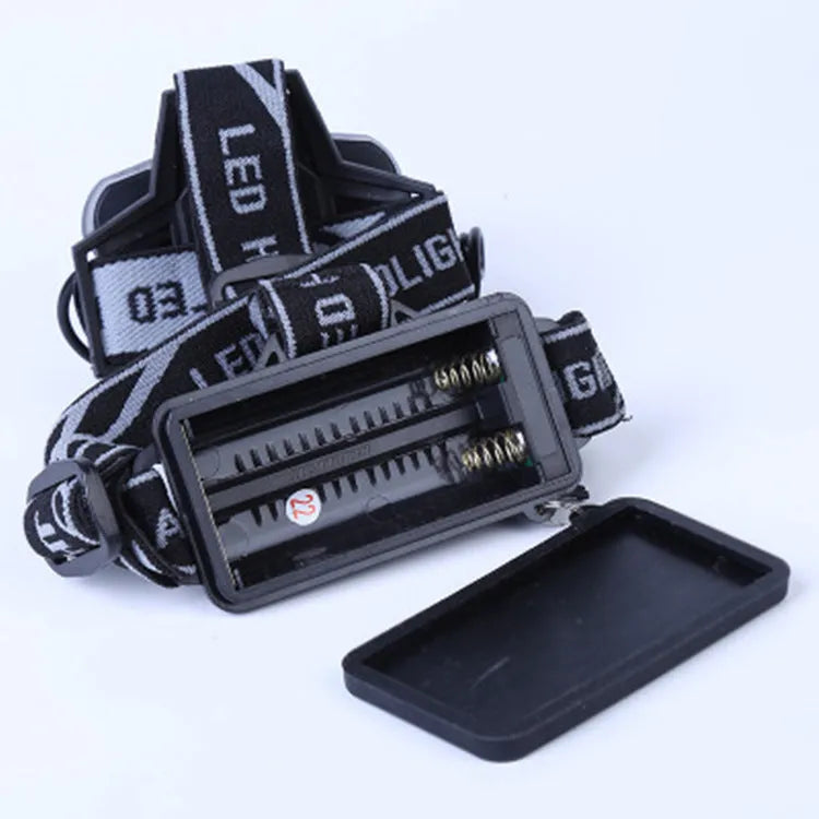 Black outdoor camping head-mounted torch with LED light for 300-500 metre range