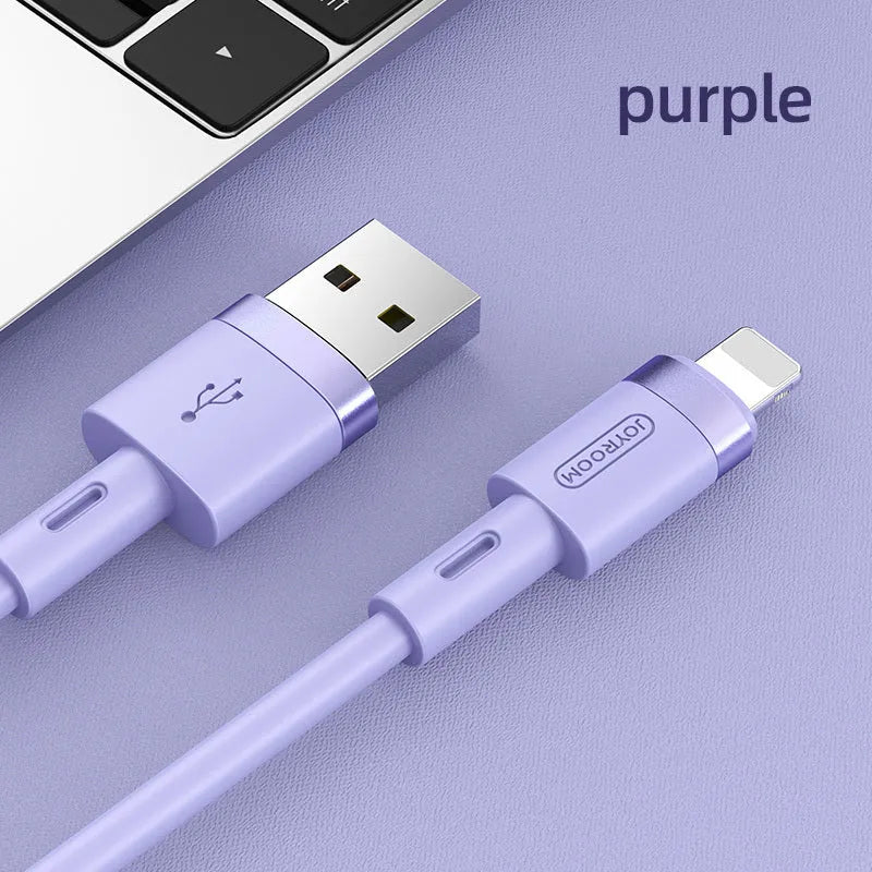 USB-C charging cable with straight connector in five colour options showing black, purple, red, white, and yellow variations