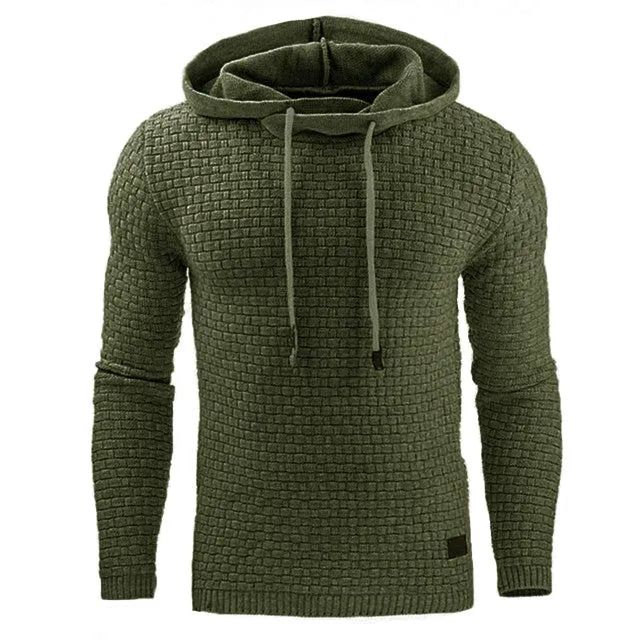 Men's black cotton-polyester blend hooded sweatshirt laid flat, showing front design and hood.