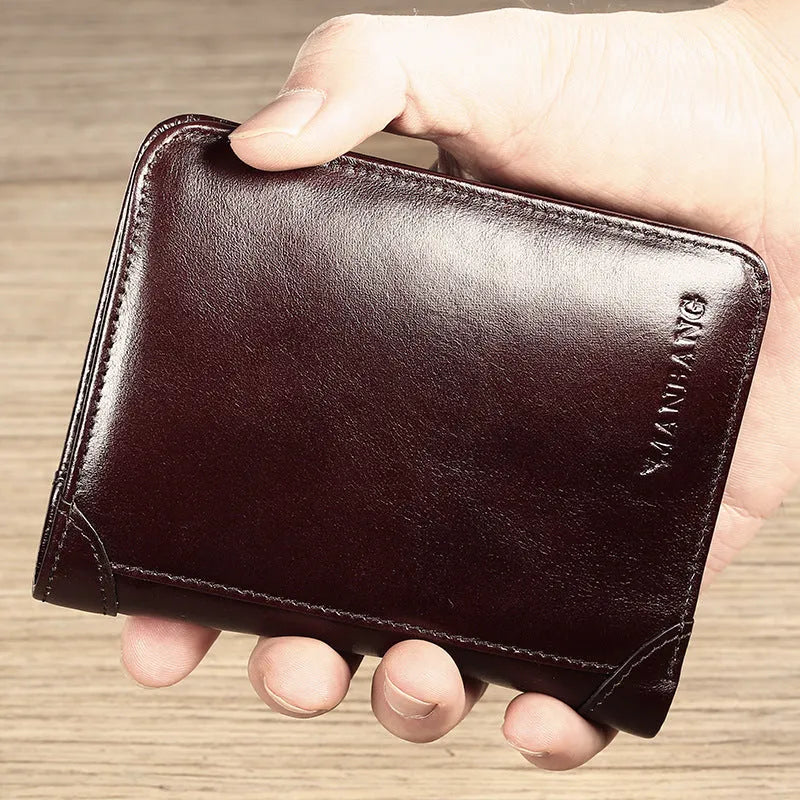 Men's leather wallet showing multiple internal compartments including card slots, coin pocket and photo window