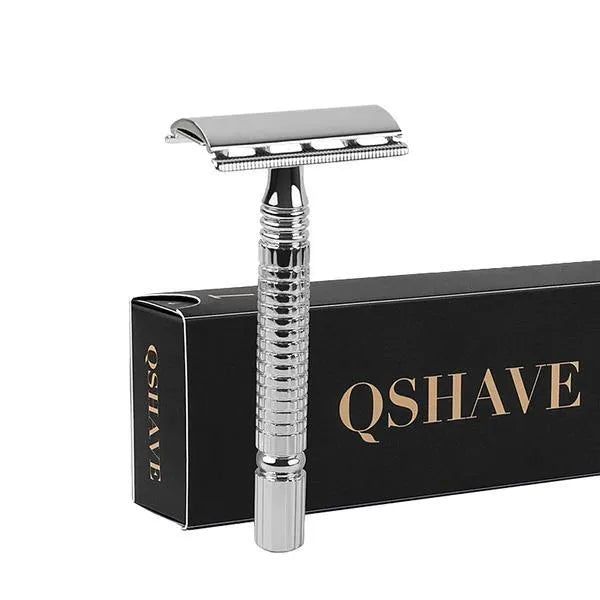 Double edged safety razor with chromed brass handle and storage box