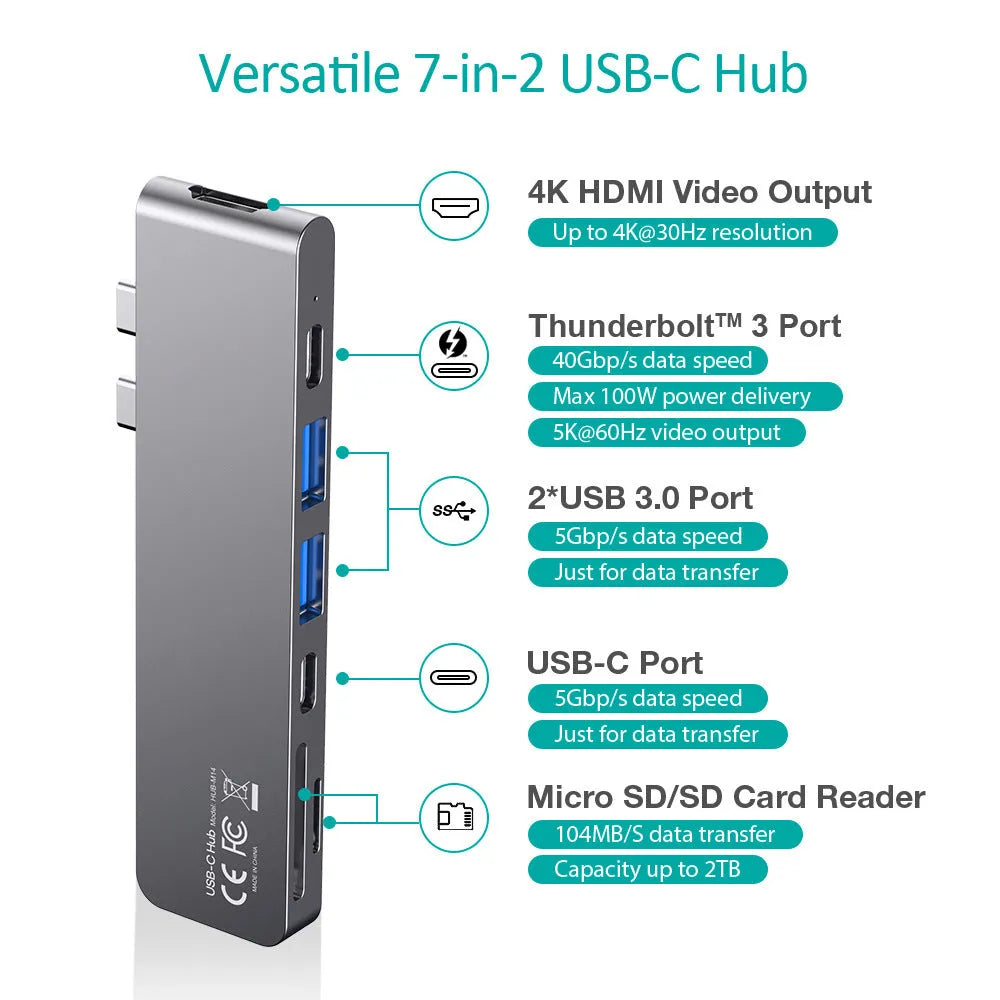Aluminium alloy USB-C adapter with SD card reader, Thunderbolt 3, 4K HDMI, and USB 3.0 ports