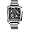 Square silver men's automatic watch with diamond-studded bezel on a black leather strap.