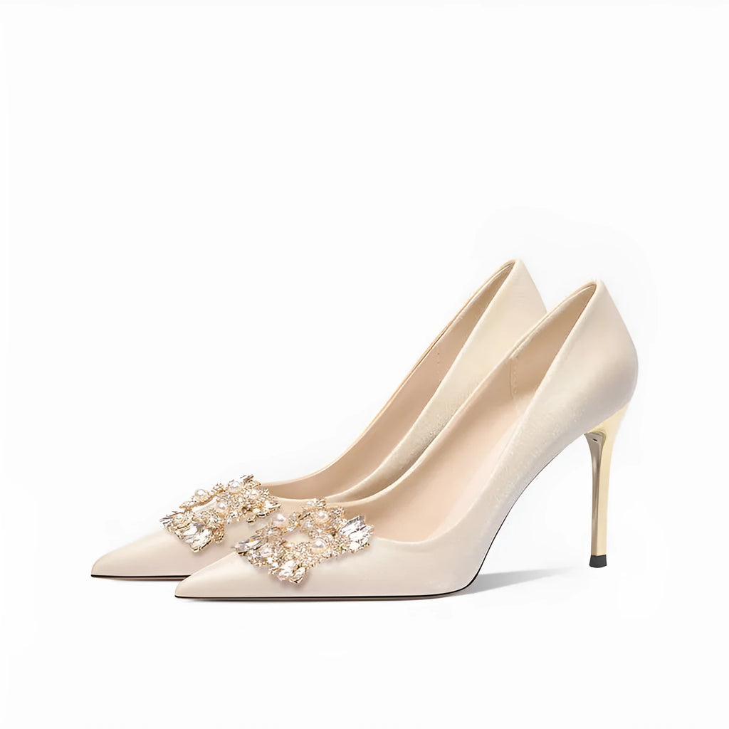 French crystal bridal high heels with rhinestone decoration on cloth upper, available in pointed toe styles with stiletto heels