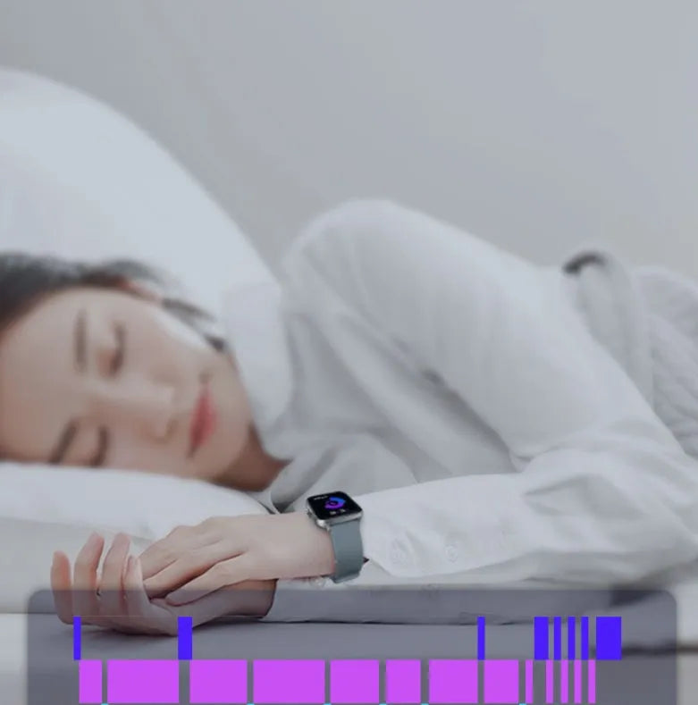 Smart watch with blue strap and 1.7-inch colour touch screen showing fitness stats