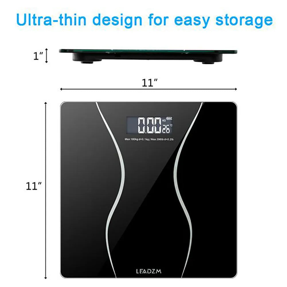 Black electronic bathroom scale with digital display showing weight measurement