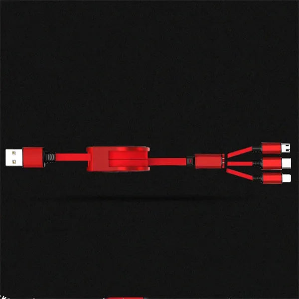 Telescopic charging cable extended to 120cm with 3-in-1 connectors in choice of colours