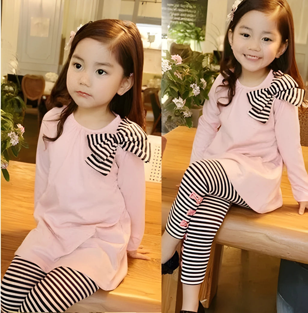 Pink cotton girls clothing set shown in sizes for 110cm, 120cm, 130cm, and 140cm.