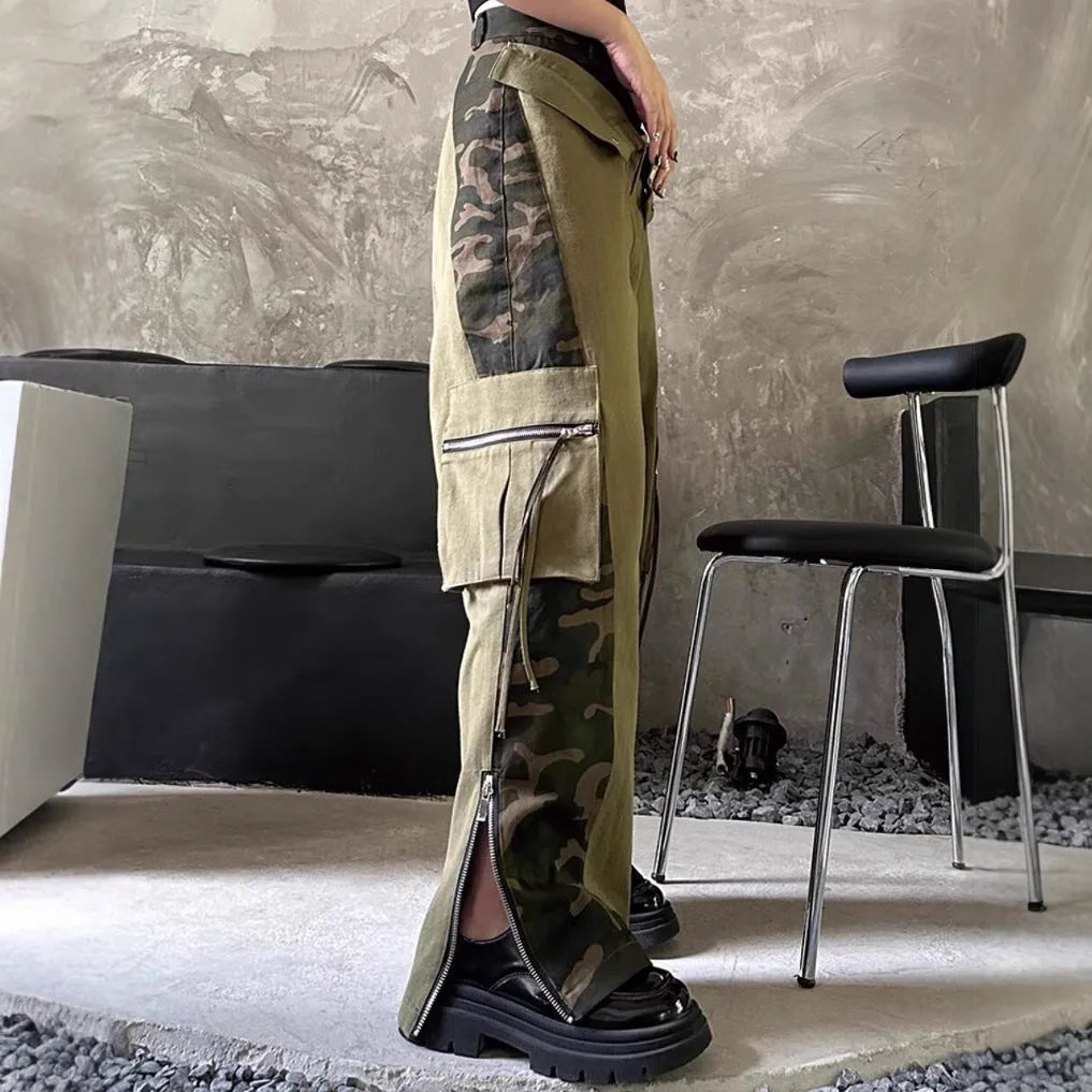 Dark khaki women's jeans with leopard print tooling style and straight leg high waist design