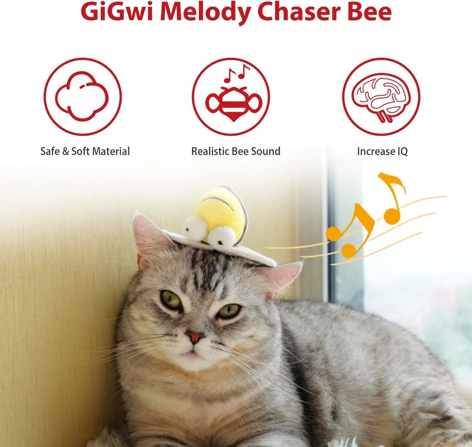 Yellow bee-shaped electronic cat toy with motion-activated squeaking mechanism for interactive indoor play
