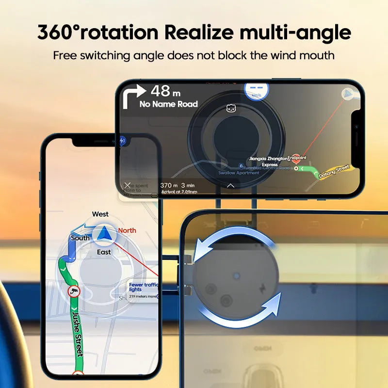 Telescopic folding car phone holder with magnetic suction mounting on instrument panel