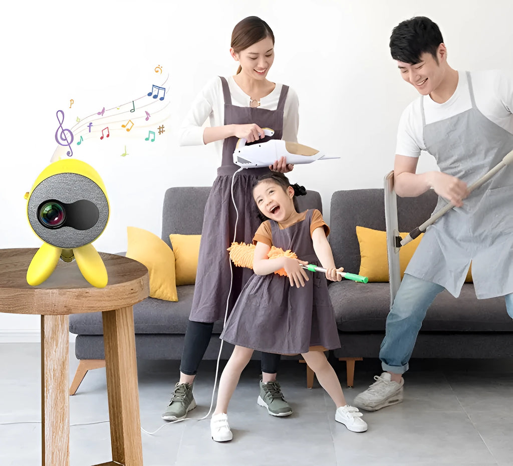YG220 LED projector in yellow or white showing 1080P support and 24-80 inch projection capability