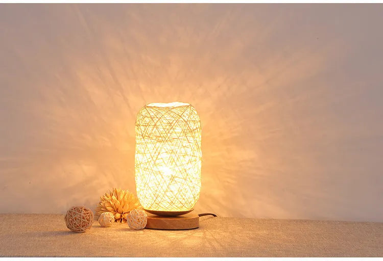 Brown hemp rope Sepak Takraw desk lamp with beige accents on solid wood base